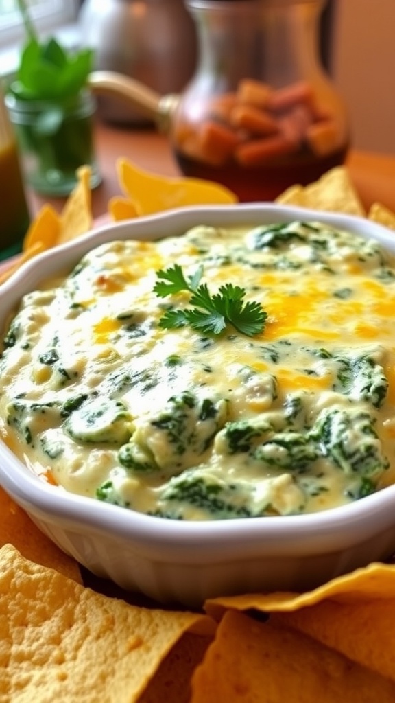 A bowl of warm spinach and artichoke dip, garnished and surrounded by tortilla chips.